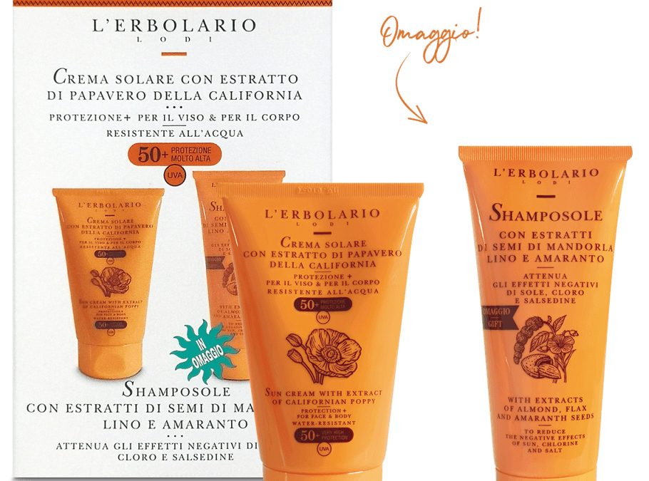 KIT SOLARE COMPOSTO DA CREMA SOLARE CON ESTRATTO DI PAPAVERO DELLA CALIFORNIA SPF 50 + DA 125 ml IN OMAGGIO SHAMPOSOLE DA 100 Ml L’ERBOLARIO