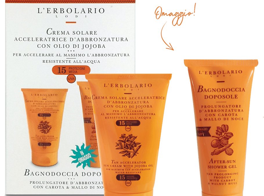 KIT SOLARE COMPOSTO DA: CREMA SOLARE ACCELERATRICE D’ABBRONZATURA CON OLIO DI JOJOBA SPF 15 DA 125 mL IN OMAGGIO BAGNODOCCIA DOPOSOLE DA 100 ml L’ERBOLARIO